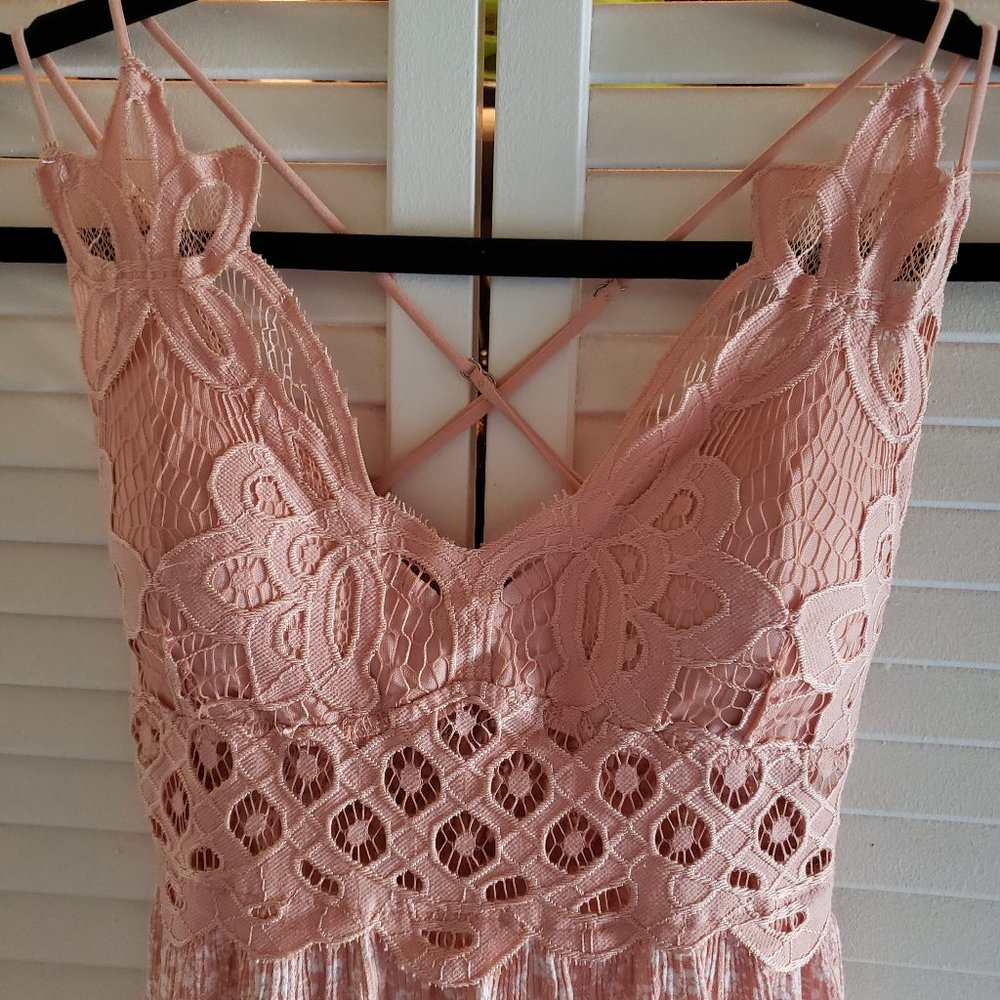 Rue21 Pink Floral Lace Top Ruffle Midi W/Cross-Back Straps Dress Size XS